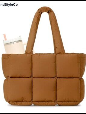 Puffer Tote Bag Nylon Laptop 15.6 in Shoulder Handbag Tumbler Holder